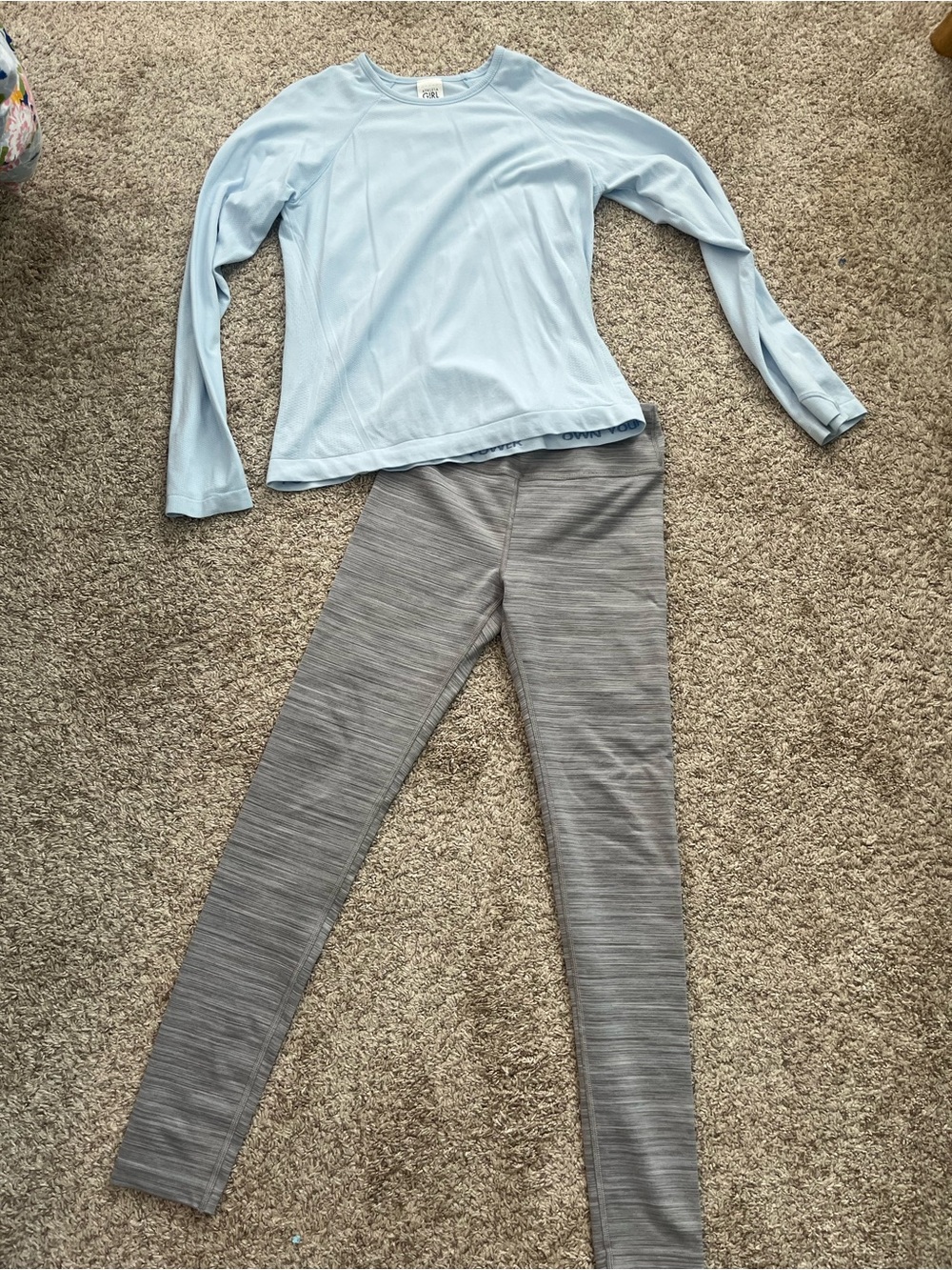 Girls Athleta Light Blue Long Sleeve Top and Gray Leggings Set